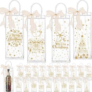 Henoyso 24 Pcs Christmas Wine Gift Bags Bulk Holiday Foil Wine Bottle Covers, Christmas Clear Gift Bags with Handles and Bow Ribbon for Xmas Wedding Engagements Party, 13 x 5 x 4 Inches (Gold)