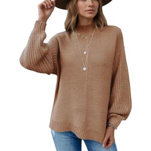 VIMPUNEC Womens Oversized Long Sleeve Sweaters Fall Casual Knit Pullover Tops Mock Neck Side Slit Jumper (L)