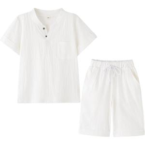 Boy's T-Shirt and Shorts Set Cotton Linen Summer Short Sleeve Children Two Pieces Clothing Pants Sets (10-12)