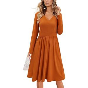 ULTRANICE Women's Fall Casual Long Sleeve Dresses V Neck Swing Midi Dress with Pockets, Size M