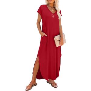 RUMIA Summer Casual Maxi Dresses for Women- Women's V Neck Cap Sleeve Long Sundress with Pockets Beach Vacation Red, X-Large