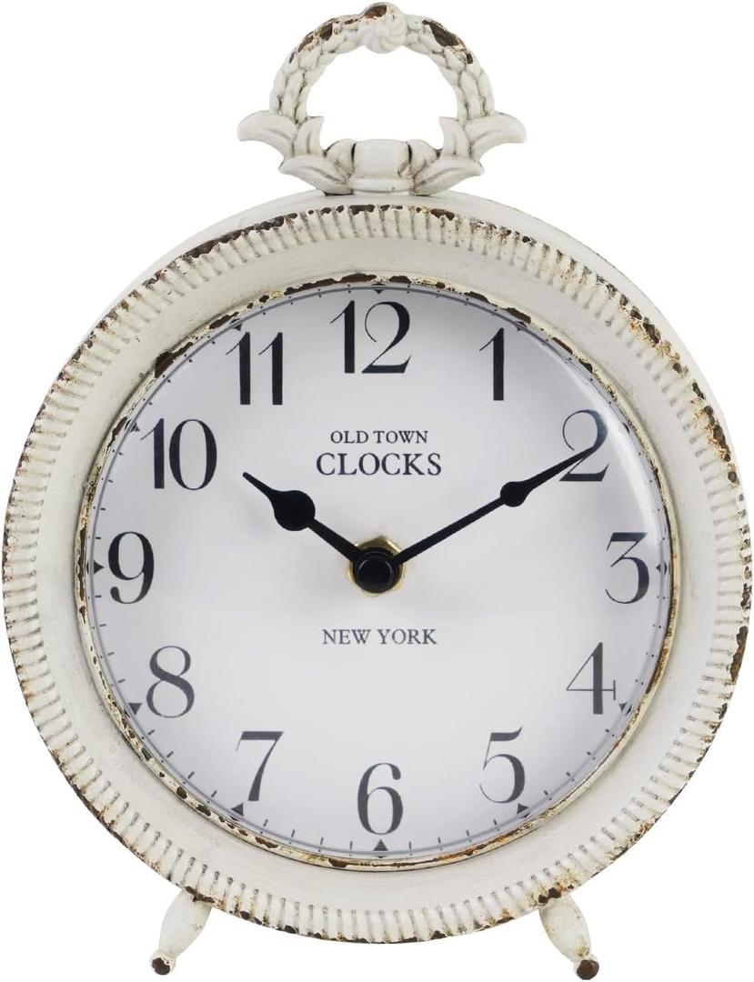 NIKKY HOME Table Clock, Vintage Desk Clock, Antique White Finish Table Clocks, Non-Ticking Battery Operated Decorative Shelf Clock for Living Room Bedroom Gift Clocks