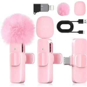 Pink Mini Wireless Microphone for iPhone & Android, Lavalier Microphone with Noise Cancellation, Plug & Play Pink Mic for YouTube, TikTok, Podcast, Live Stream