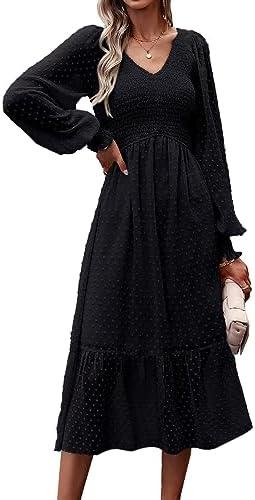 PRETTYGARDEN Women's Fall Dresses 2025 Long Sleeve V Neck Swiss Dot Empire Waist Chiffon Dress Ruffle Smocked Midi Dresses, Size XXL
