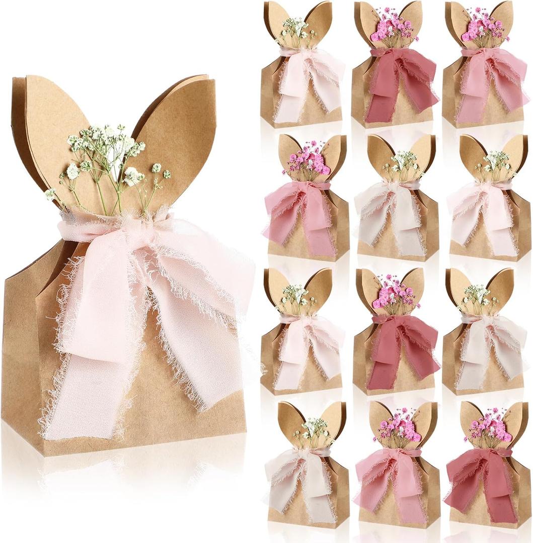 Affrolling 24 Set Boho Bow Easter Bunny Party Favor Bags DIY Bunny Gift Boxes with Neutral Bow Ribbon and Dried Flowers Rustic Paper Rabbit Ears Treat Bags Bulk for Easter Spring (Pink)