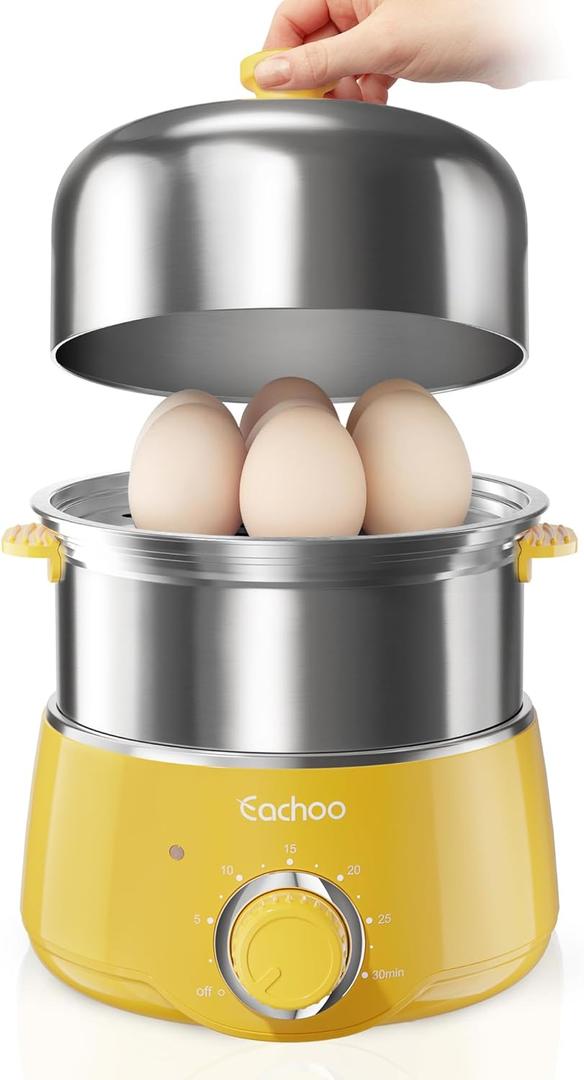 Hard Boiled Egg Cooker - CACHOO 14-Egg Rapid Stainless Steel Egg Boiler with 30-Min Timer & Auto Shut Off, Compact Electric Vegetable Steamer for Cooking, Dishwasher Safe, Retro Yellow (2-Tier)