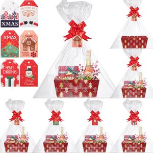 Cholemy 6 Sets, 12 x 10 Large Red Christmas Baskets, Empty Gift Baskets, DIY Cardboard Basket with Handles, Ideal for Christmas & Holiday Parties (Tree)