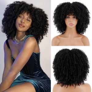 Black kinky Curly Wigs for Black Women, Short Black Curly Afro Wig with Bangs, Synthetic Heat Resistant Full Afro Curly Black Wigs for Daily Party