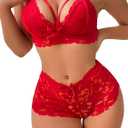 Lilosy Sexy Strappy High Waist Floral Lace Pajamas Lingerie Set Outfits (Medium, Bright Red)