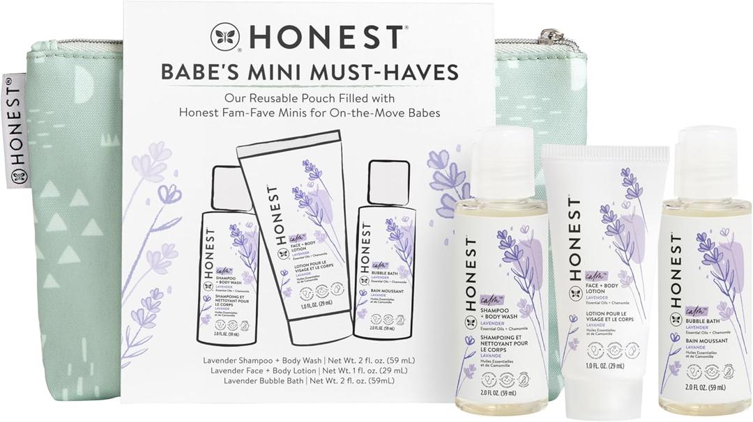 The Honest Company Babe's Mini Must Haves Gift Set | Travel Size Hypoallergenic Lavender Bathtime Essentials | Shampoo + Body Wash (2 fl oz), Face + Body Lotion (1 fl oz), Bubble Bath (2 fl oz)