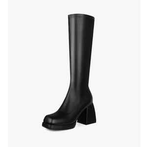STALOV Platform Gogo Boots for women Knee High Square Toe Tall Boots Block Chunky Heel Stretchy Leather Long Boots, US 9