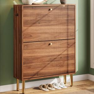 Nicetree Shoe Storage Cabinet for Entryway - 2 Flip Drawers Shoe Cabinet with Tiered Fluted Design - Slim Shoe Storage Rack with Gold Legs - Narrow Shoe Cabinet Hidden Shoe Organizer for Small Spaces, 30 inches x 9.5 inches x 36.7 inches