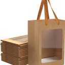 12 Pcs Brown Paper Gift Bags with Transparent Window, 9.84"x7.0"x5.12" Kraft Shopping Bags with Handles for Bouquet Christmas Birthdays Festivals Party Weddings Wrapping