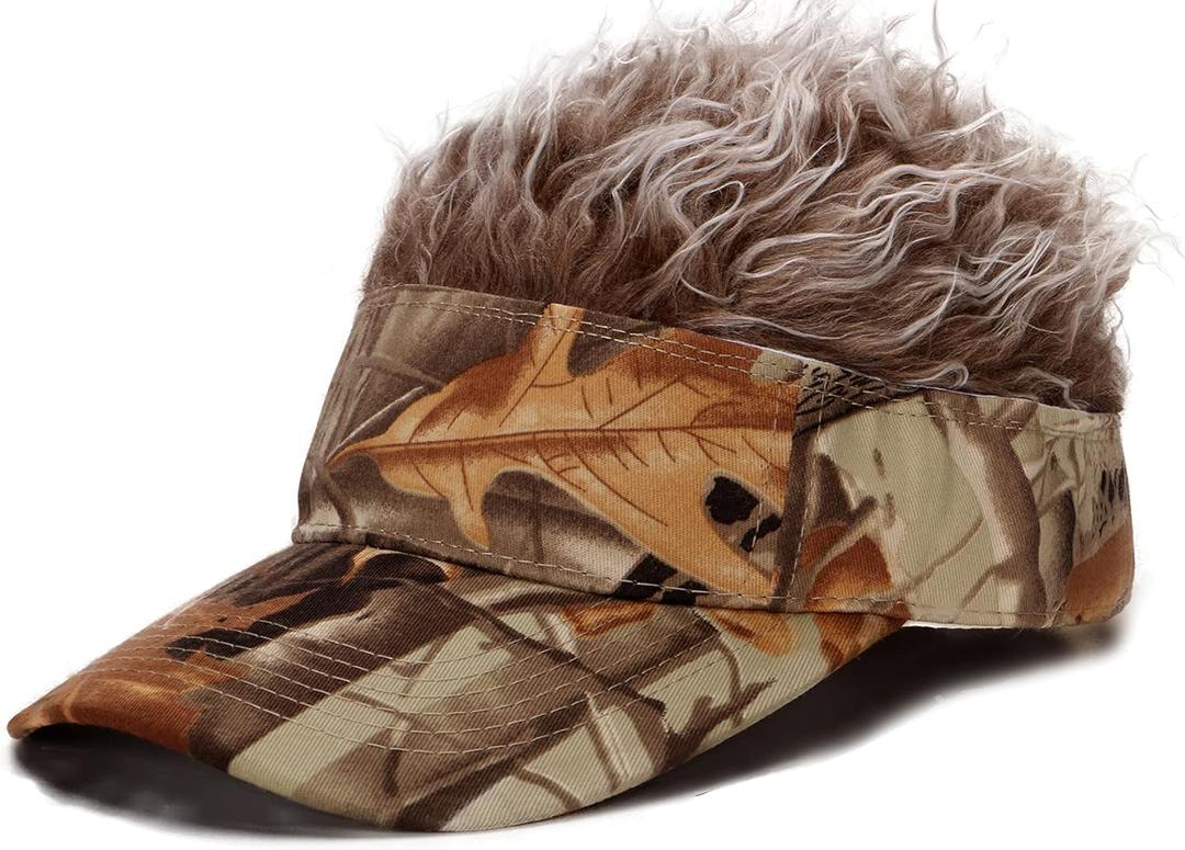 Men's Hair Visor Sun Hats Visor with Hair Fake Hat with Hairs for Men Novelty Spiked Adjustable Baseball Caps Funny Gift (Camouflage and Khaki)