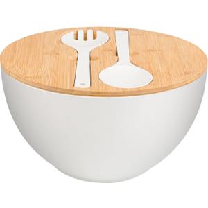 Salad Bowl with Lid, 12" Extra Large Bamboo Fiber Salad Bowl with Servers Set for Kitchen, Nature Bamboo Mixing and Serving Bowl with Lid, Spoon and Fork for Fruits,Salads and Vegetables (White)