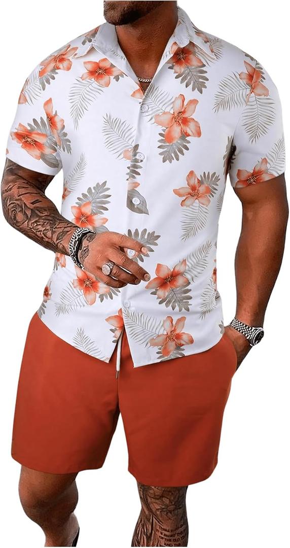 GORGLITTER Men's Hawaiian Matching Set Summer Beach 2 Piece Outfits Flower Button Down Shirts and Shorts Set (Large, Orange and White)