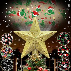 10" Christmas Tree Topper Projector with 6 Projection Modes, Built-in LED Rotating Light, 3D Glitter Dynamic Projector Light Up Tree Topper Star for Xmas Holiday Party Decorations Gifts (Gold)