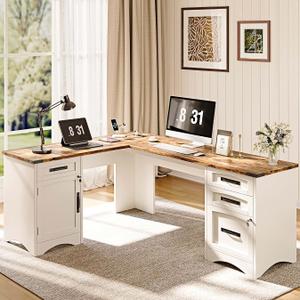 Decofy L Shaped Farmhouse Executive Desk with Drawers, White 67" Home Office Desks with Fast Charging Station, Lockable File Cabinet, Wood Writing Computer Desk for Work, Study, 67"W x 59"D x 30.7"H