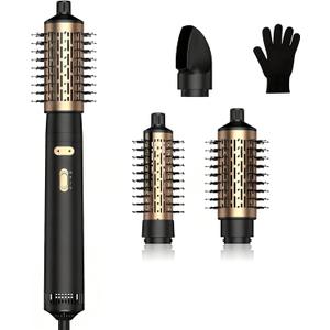 Hair Dryer Brush, 4 in 1 Rotating Round Hot Air Spin Brush Set Negative Ionic Professional Blow Dryer with Detachable Brush(2" & 1.5"), 3 Heats and 2 Speeds Rotating Blow Dryer Brush (Black-gold)