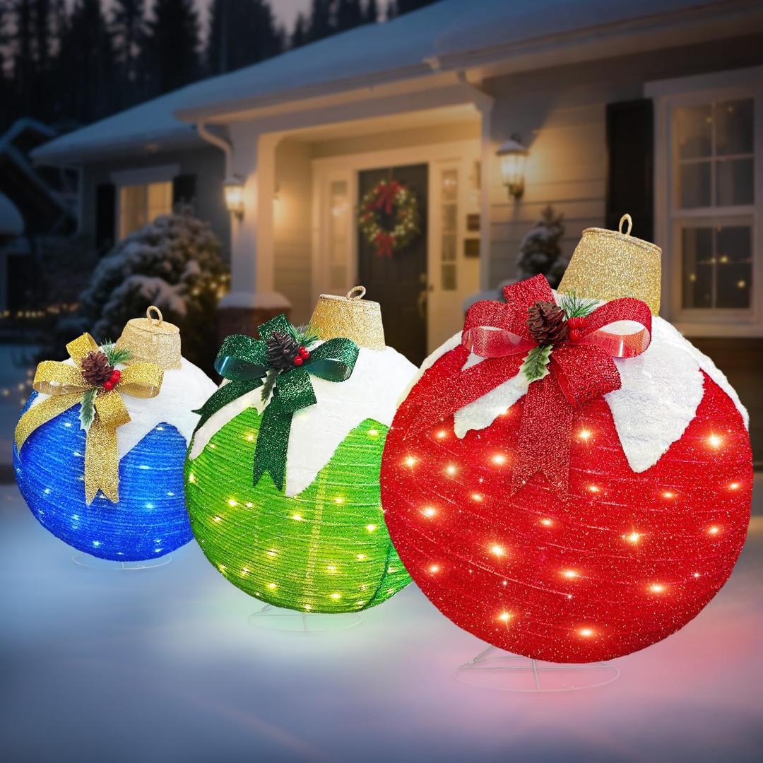 Christmas Outdoor Decoration 3-Pack Lighted Ornament Balls, LED Holiday Dcor with Snowcap & Bow, Pop-Up Christmas Balls with Top Hanger Ring & Metal Bases for Indoor/Outdoor Lawn & Porch