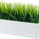 MyGift 14 Inch Artificial Green Grass Plant in Modern White Concrete Planter Window Box, Tabletop Faux Greenery in Decorative Rectangular Cement Container