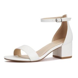PARTY Women's Open Toe Ankle Strap Low Block Chunky Heels Sandals, White Pu B, 7.5