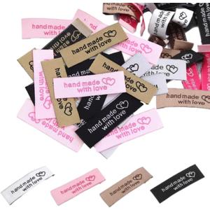 100pcs Handmade with Love Heart Clothing Label,Embroidered Fabric Tags Sew on Tags for DIY Sewing Knitting Crocheting Quilting Gift Wrapping DIY Accessories (Multi)