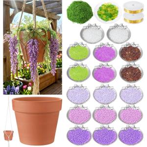 Potchen 13155 Pcs Wisteria Craft Beaded and 5 Inch Clay Pot Planter DIY Set, Glass Beads Plant Flower Making Kit with Artificial Moss Hanging Rope Purple Nature Series Colorful Crystal Leaf Jewelry