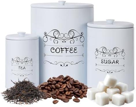 GarveeHome Country White Canisters Set of 3, Rustic Farmhouse Metal Containers with Airtight Lids, Kitchen Storage Canisters for Coffee, Sugar, Tea for Kitchen, Pantry Countertop