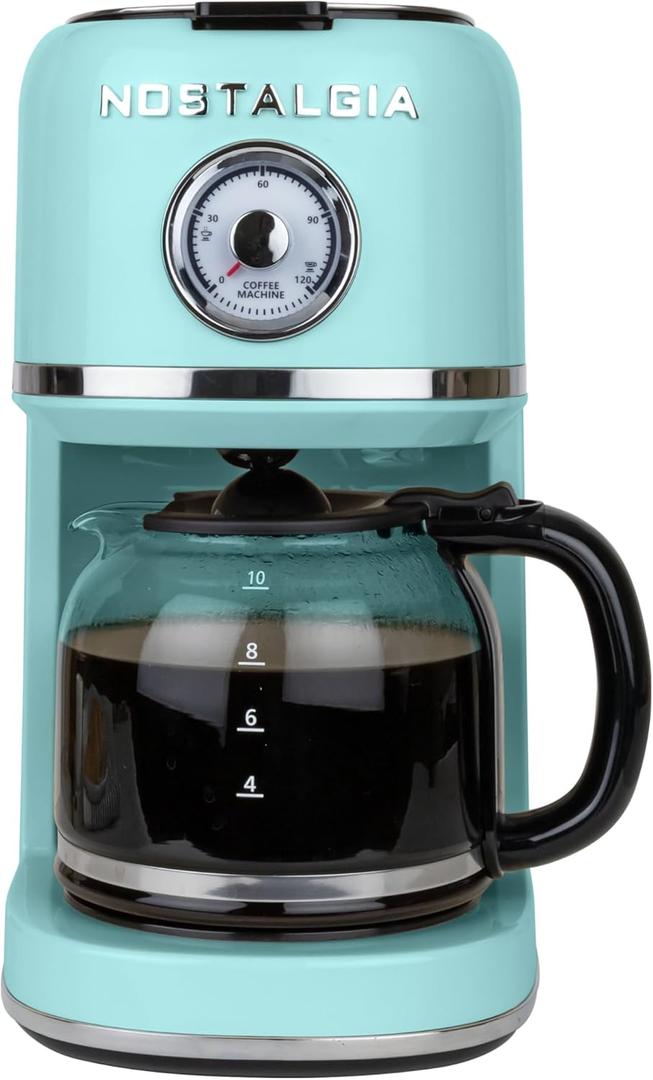 Nostalgia Classic Retro 10 Cup Coffee Maker - One-Touch Drip Brew, Reusable Filter - Anti-Drip, Auto Shutoff, & Time Display - Dishwasher Safe 50 oz Carafe - Aqua