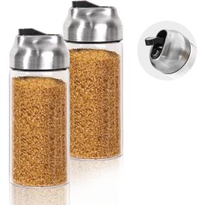 Large Sugar Dispenser Shaker Sets, 14 OZ Glass Sugar Container with Pour Spout for Coffee, Tea, Milk, 2 Pack