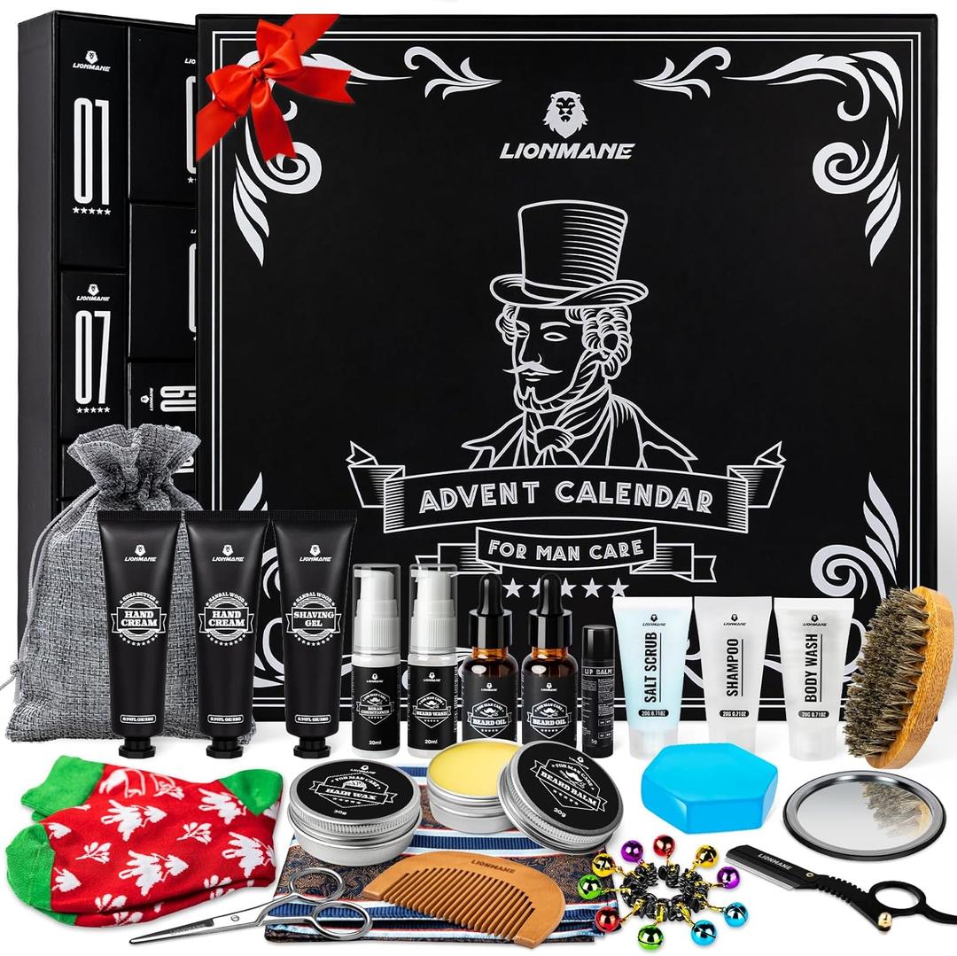 Mens Advent Calendar Gift Set, Lionmane Beard Care Set 2025 Advent Calendar Countdown Gifts, 24 Days Christmas Gift for for Adult Men Father Boyfriend Grandpa Husband, Xmas Holiday Surprise Gifts