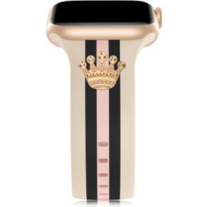 Designer Band with Charms Decor Compatible with Apple Watch Band 38mm 40mm 41mm 42mm 44mm 45mm 46mm 49mm Women Men, Stylish Silicone Sport Wristbands for iWatch Series 11 10 9 8 7 6 5 4 3 2 1 SE/3 Ultra 2/3 (walnut/Black/Pink with Crown)
