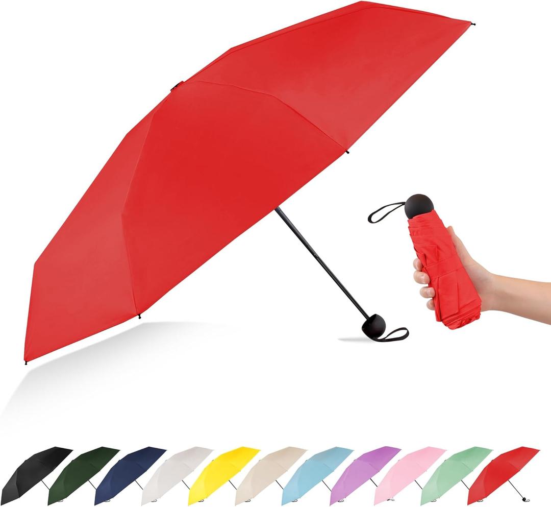 Mini Travel Umbrella Compact Small Size, UV Protection for Sun & Rain, Lightweight Folding, Wind Resistant, Small Backpack Purse Size for Women Kids (Red)