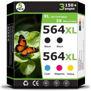 564XL Ink Cartridges 5 Pack Combo Pack Compatible for HP564xl 564 ink for HP564 XL Work with DeskJet 3520 3525 OfficeJet 4620 4622 PhotoSmart B8550 C6350 D5460 7515 Printer Cyan Magenta Yellow 2 Black