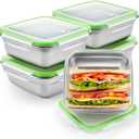 4 Pack Stainless Steel Sandwich Containers with Lids 25. 4 oz Metal Food Container for Lunch Boxes with Airtight Silicone Seal for Sandwiches and Snacks (Green)