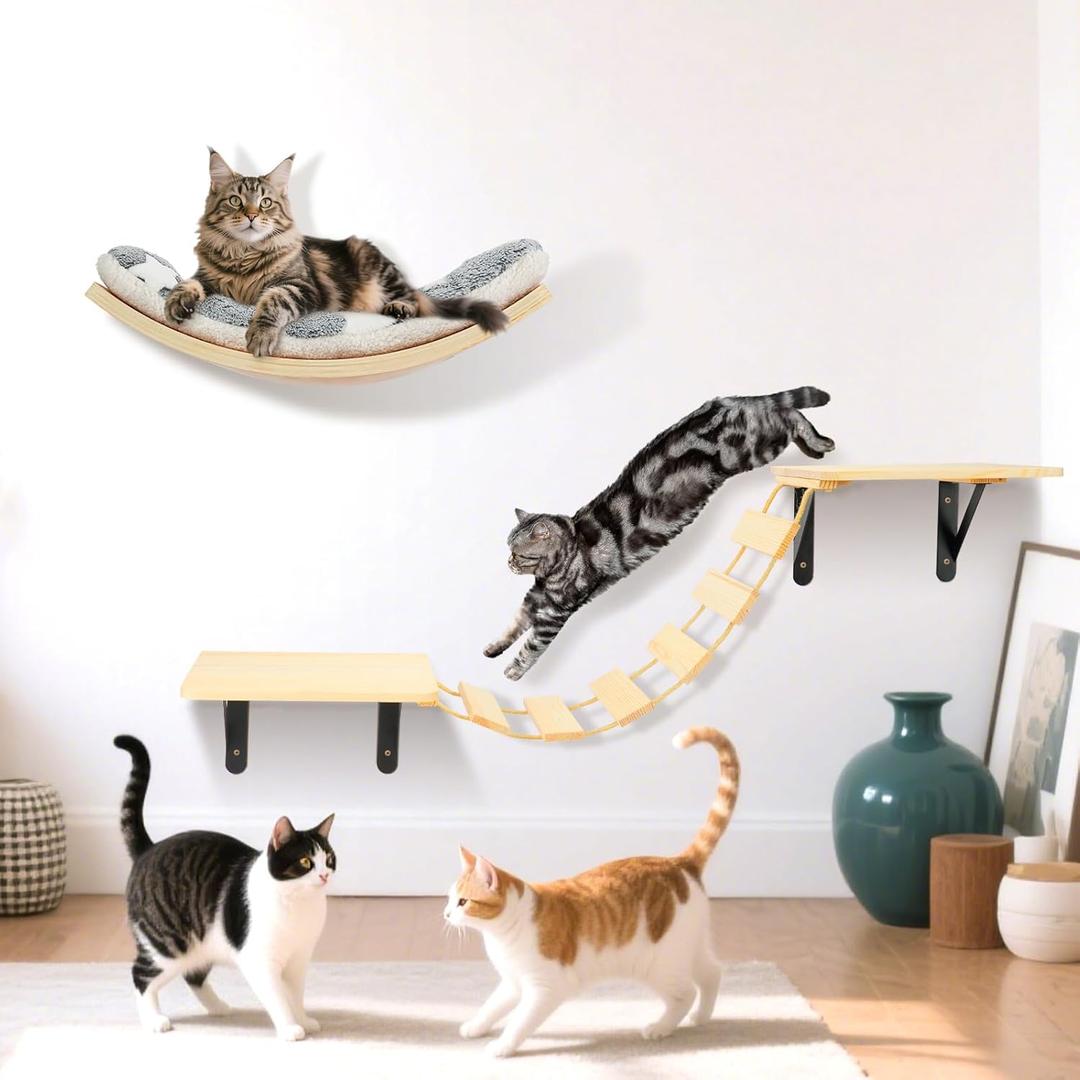 Cat Wall Shelves - Set of 4 Cat Wall Furniture, Curved Cats Shelves and Bridge Ladder & 2 Steps for for Sleeping, Playing, Climbing, and Lounging Modern Furniture for Cats
