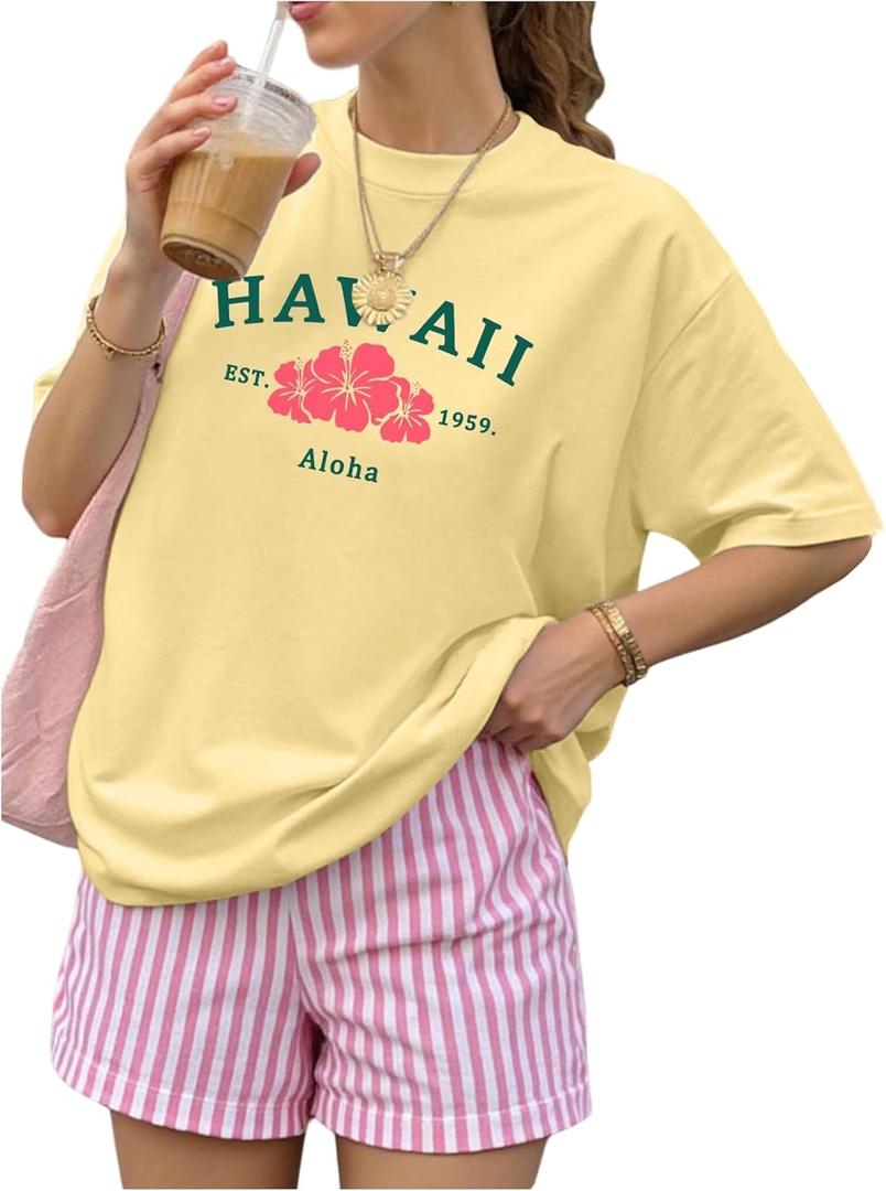 Verdusa Women's Letter Print T Shirt Crewneck Short Sleeve Drop Shoulder Loose Tee Tops (Yellow)