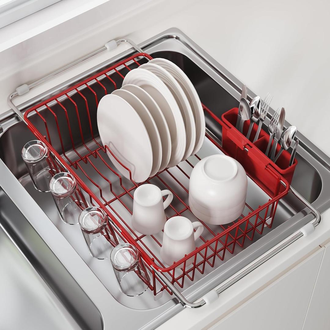 JASIWAY Red in Sink Dish Drying Rack, Expandable Stainless Steel Small Dish Rack Over Kitchen Sink, Plate Drainer Strainer with Cutlery Holder & Cup Holders, Counter Space Saving Wire Dryer Rack (For 11.5"-30"W Sink)