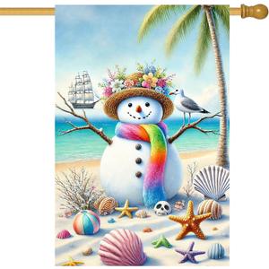IVN Beach Snowman Christmas Garden Flag 28 x 40 Inch Double Sided House Flag with Shell Palm Tree and Seagull Design for Coastal Outdoor Holiday Decor