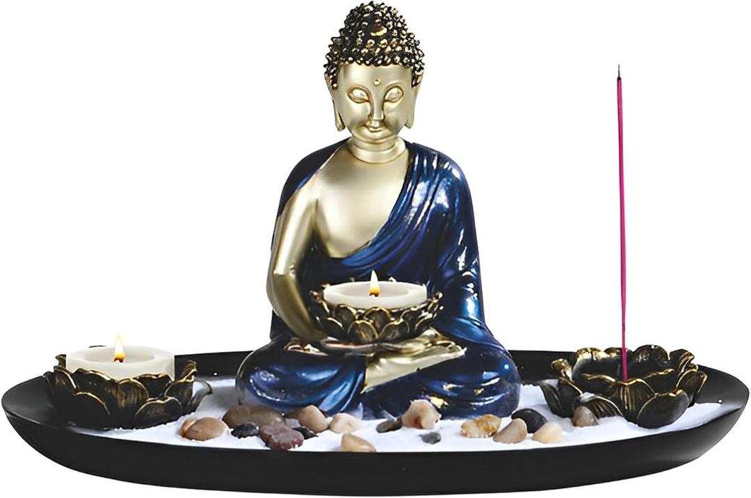 ICE ARMOR 11.25" W Buddha with Louts Candle Holder and Incense Sitck Holder Figurine Statue Sculpture Ornament Decoration Home/Room Decor Ideas