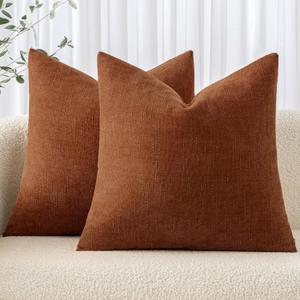 MIULEE Pack of 2 Decorative Throw Pillow Covers Soft Chenille Throw Pillows Solid Textured Euro Cushion Covers for Couch Sofa Bedroom Living Room 22x22 Inch, Dark Rust