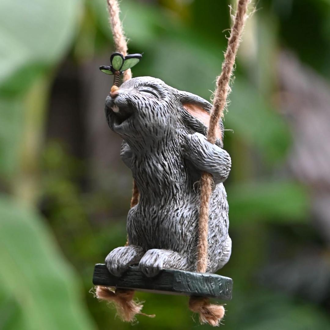 OwMell Garden Rabbit Statues, Cute Swing Bunny with Butterfly Statue Decoration for Yard Hanging Outdoor, Tree Ornaments Figurine for Stump Branch Lawn Patio Decor