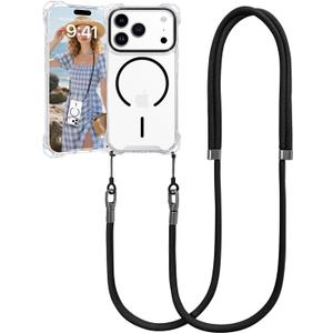 for iPhone 17 Pro Case with Crossbody Lanyard, Compatible with MagSafe, Clear Magnetic Phone Case with Strap Adjustable, Shockproof Drop Protection, for iPhone 17 Pro 6.3'' (Black)