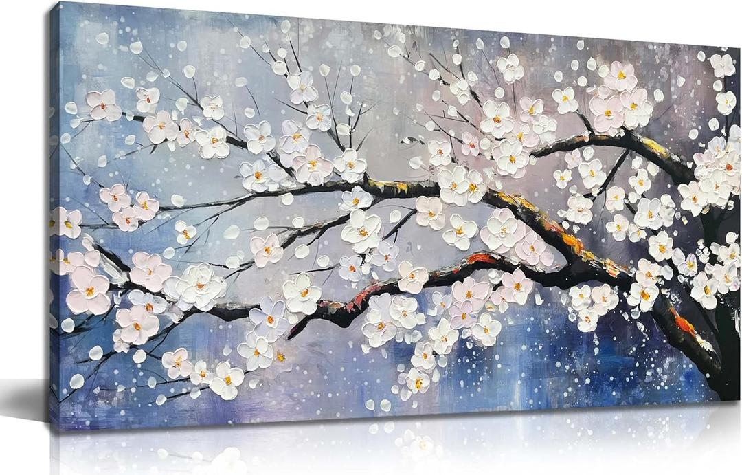 aburaeart Plum Blossom Painting Wall Art For Living Room Blue And White Wall Art For Office Women Modern Art Wall Decor Bedroom Size 20 x 40 Inch