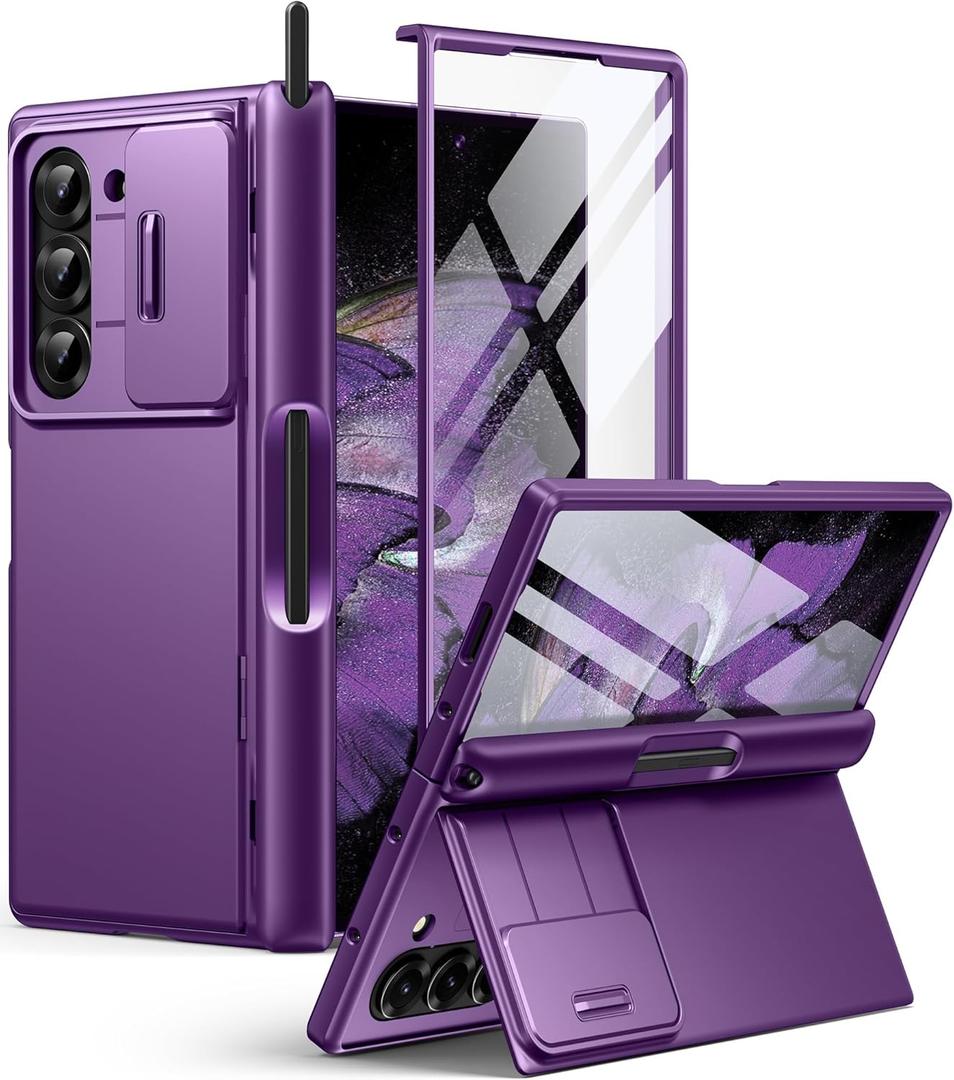 BERFY Case for Samsung Galaxy Z Fold 6 Phone Case Purple | with S Pen Holder, Built-in Screen Protector, Kickstand, Slide Camera Cover, Full Body, Heavy Duty, Shockproof, Slim, Hard (Purplue)