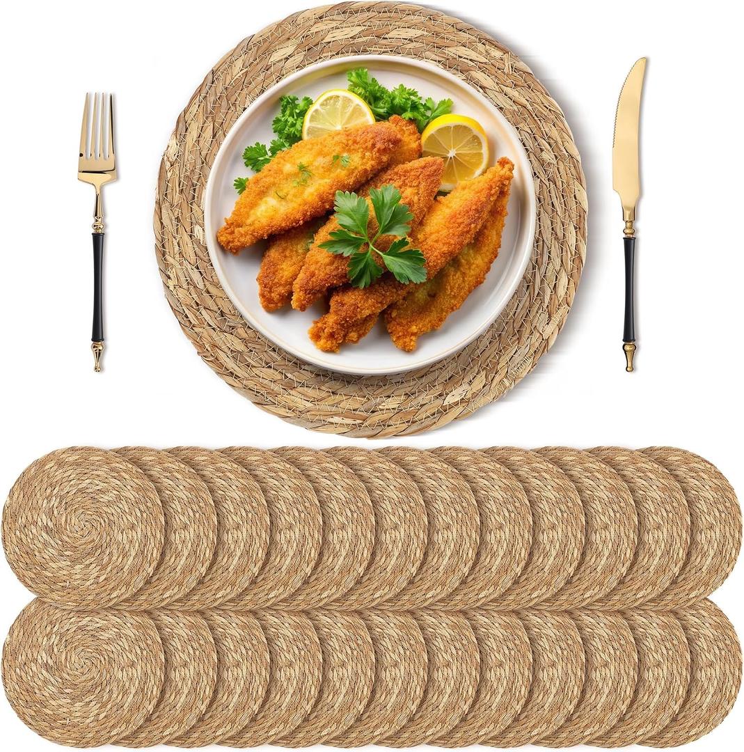 Kochorie Set of 24 Round Woven Placemats 13.8 Inches Bulrush Placemats Natural Hand-Woven Boho Rattan Placemats Wicker Table Mats Farmhouse Weave Place Mats for Home Dining Table