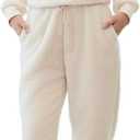 Hooever Womens Fluffy Pajamas Set Fleece Pullover Warm Sleepwear 2 Piece Lounge Sets with Pockets, Medium, Ivory 