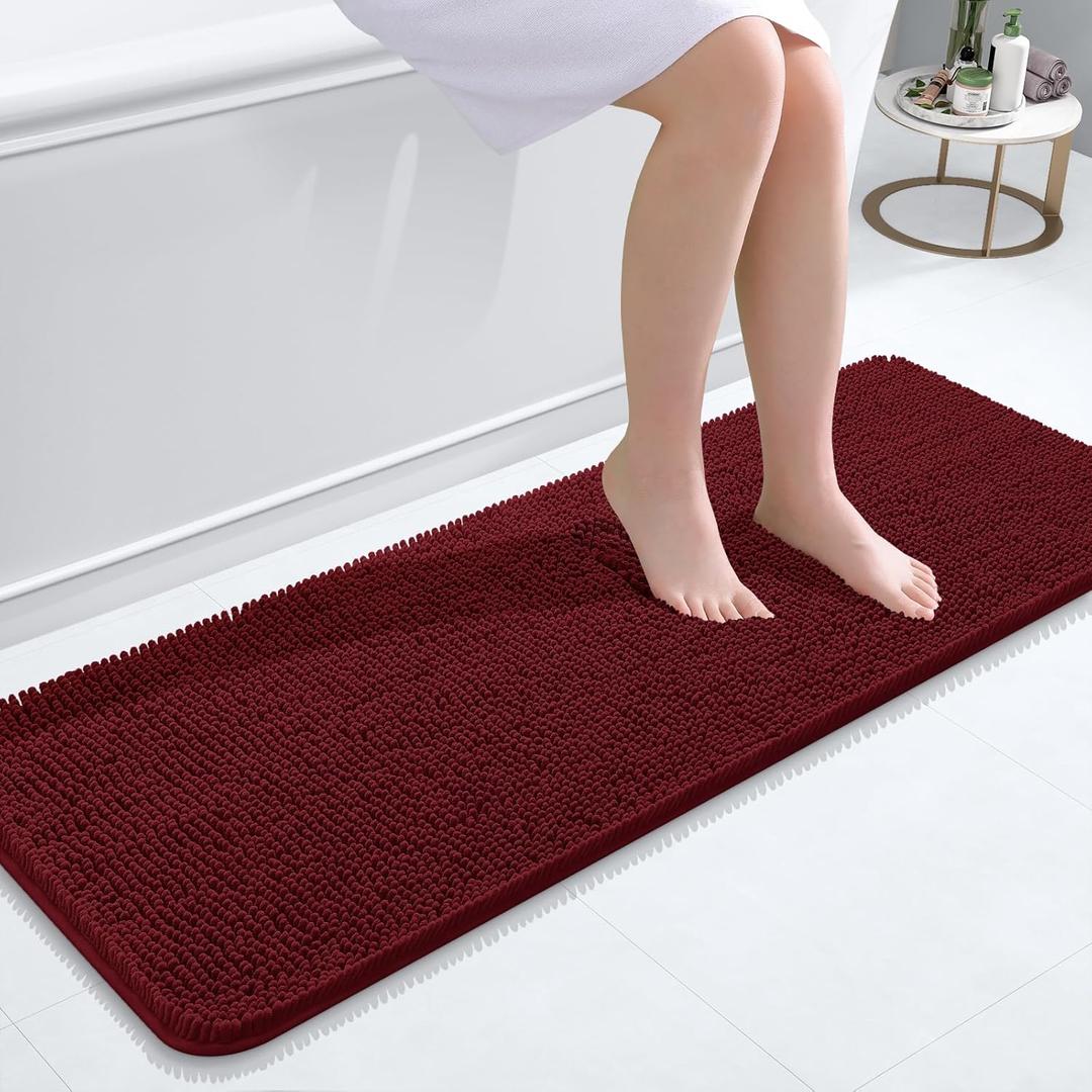 OLANLY Bathroom Rugs 47x17, Extra Soft Absorbent Chenille Bath Rugs, Rubber Backing Quick Dry, Machine Washable Bath Mats for Bathroom Floor, Tub and Shower, Home Decor Accessories, Burgundy