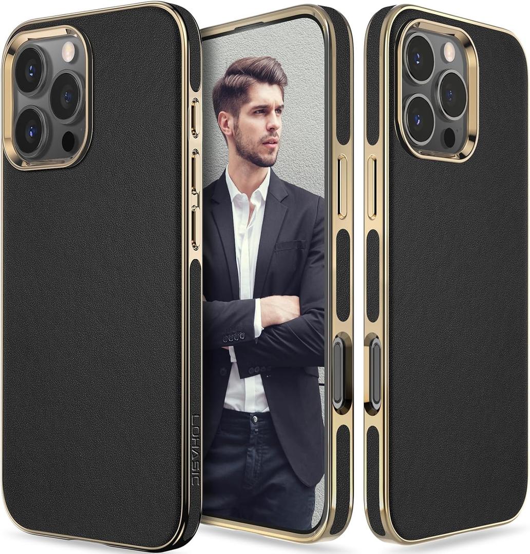 LOHASIC for iPhone 16 Pro Max Case, Luxury Vegan Leather Classic Design Soft Back Cover Protective Cases for iPhone 16 ProMax 6.9 inch 2024 New, Black Gold
